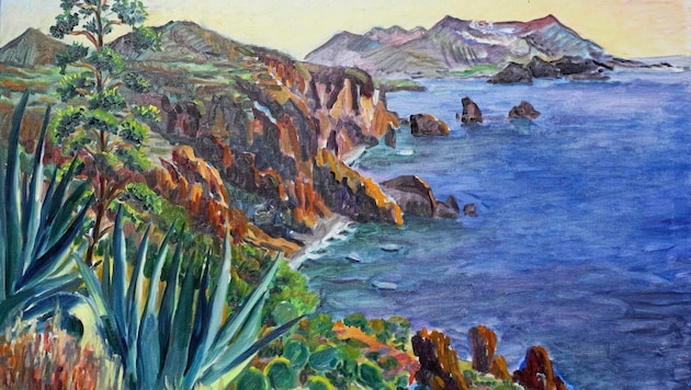 "Steep coast near Lipari with Vulcano" - this is what Harald Scheicher calls the oil painting from 2022, which tells of the light of the south &amp; the preoccupation with a very specific section of the picture. (Bild: Harald Scheicher)