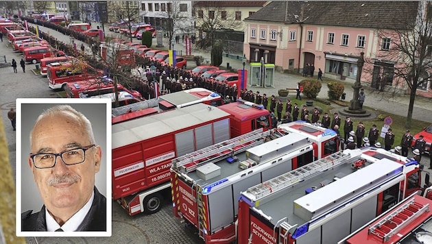 Eine Heerschar an Feuerwehrmitgliedern gab Erich Dangl die letzte Ehre in seiner Waldviertler Heimatstadt Schrems. (Bild: Krone KREATIV/F.Feuerwehr Matthias Fischer)