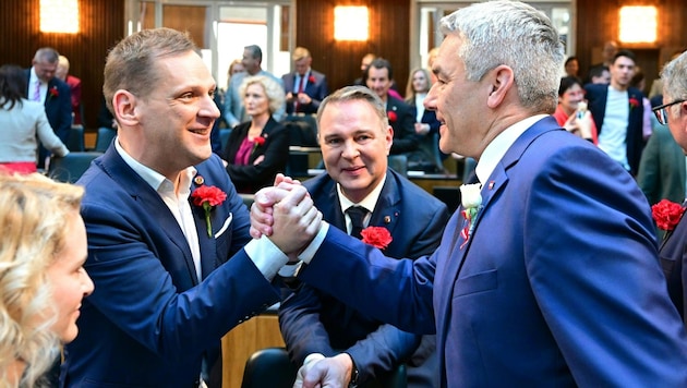 The handshake between the SPÖ and ÖVP is already in place for the photo. (Bild: AP ( via APA) Austria Presse Agentur/Roland Schlager)