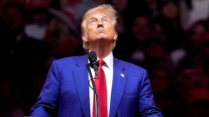 Donald Trump looks at the crowd hanging on his lips.