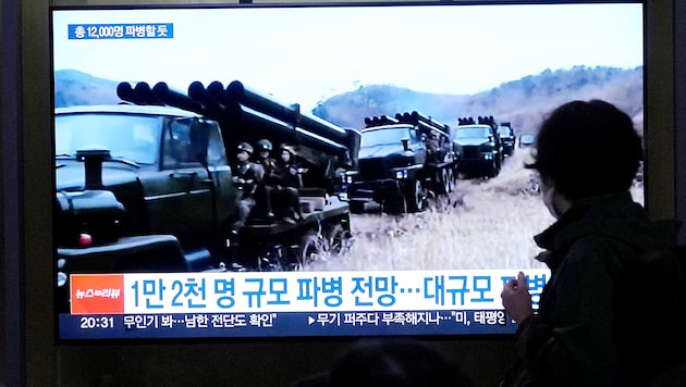 Ein Bericht über nordkoreanische Artillerieeinheiten im südkoreanischen Fernsehen (Bild: APA/AP)