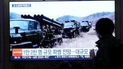 Ein Bericht über nordkoreanische Artillerieeinheiten im südkoreanischen Fernsehen (Bild: APA/AP)