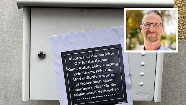 Schirl-Winkelmaier (small picture) founded the local Green Party ten years ago. He found a message of hate in his postbox. (Bild: Krone KREATIV/zVg)