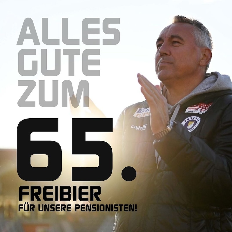 Mit diesem Posting gratulierte der WAC dem Trainer des Lokalrivalen zum Geburtstag. Samt kleiner Spitze, dass die ersten 65 Pensionisten beim Derby ein Freibier in der Lavanttal-Arena erhalten. . .  (Bild: WAC)