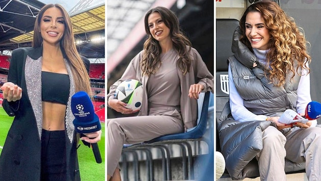 Alina Marzi (mi.) und Kimberly Budinsky (re.) moderieren in Österreich, Maria Luisa Jacobelli (li.) in Italien. (Bild: instagram.com/alinamarzi, instagram.com/marialuisajacobelli_, Scharinger © 2024, Gerhard Dittrich)