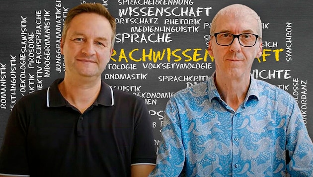 Mit Sprache und vor allem heimischen Dialekten kennen sie sich aus: die beiden Sprachwissenschafter Philipp Stöckle (li.) und Manfred Glauninger von der ÖAW. (Bild: Krone KREATIV/stock.adobe.com/neulandfilm)