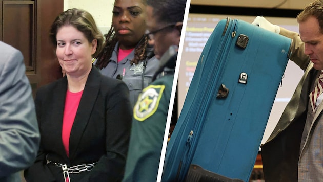 Sarah Boone had to stand trial for letting her boyfriend suffocate in this blue suitcase. (Bild: Krone KREATIV/APA/AP)