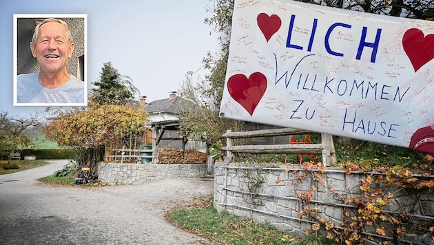 Josef Hartl (64, small photo) was greeted by his family and friends with this poster a few weeks ago at a party following his rehabilitation. (Bild: Krone KREATIV/Markus Wenzel, zVg)