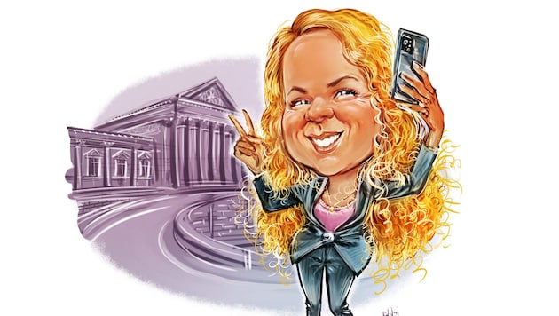 So sieht unser Karikaturist Milan A. Ilic ÖVP-Politikerin Johanna Jachs, wenn sie mit dem Smartphone durch das Parlament in Wien tänzelt und Selfies macht.  (Bild: Ilic Milan A./Milan A. Ilic)