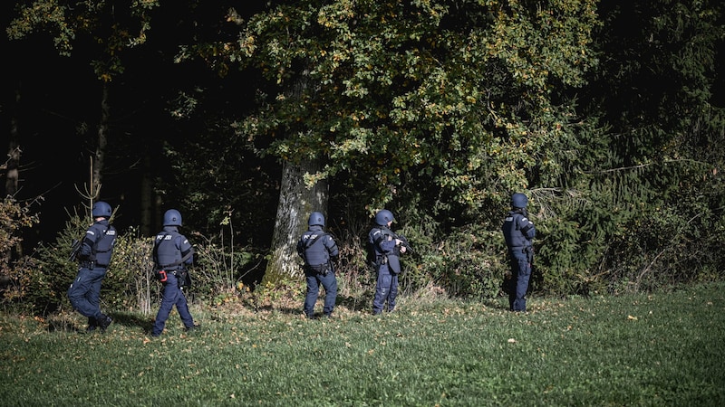 Einsatzkräfte durchsuchen Waldstück für Waldstück. (Bild: Wenzel Markus/Markus Wenzel)