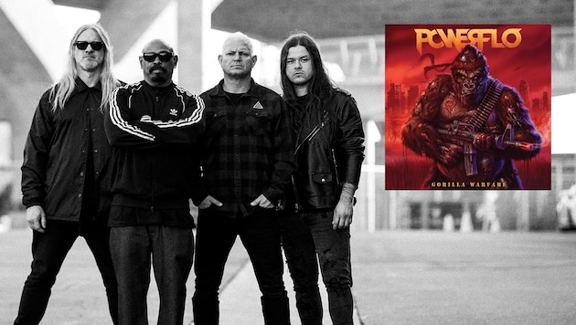 All-Star-Band mit Spaß am Lärm und der gemeinsamen musikalischen Ertüchtigung: Powerflo rund um Cypress Hills Sen Dog und Biohazards Billy Graziadei (Mitte). (Bild: Krone KREATIV/Powerflo und New Damage Records)