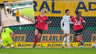 Die Lebenshilfe machte die Innviertel-Arena Länderspiel-fit (kl. Bild). Sarah Puntigam (Nummer 17) traf zum 1:0 und 2:0. (Bild: GEPA/Daniel Scharinger)