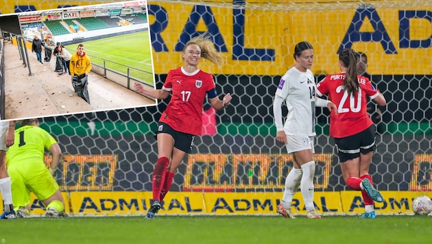 Lebenshilfe made the Innviertel Arena fit for international matches (small picture). Sarah Puntigam (number 17) scored to make it 1:0 and 2:0. (Bild: GEPA/Daniel Scharinger)