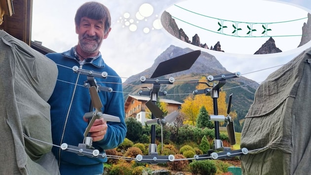 From idea to mini-prototype: Thomas Beiser wants to install wind turbines between mountains. (Bild: Beiser (2), Krone KREATIV)