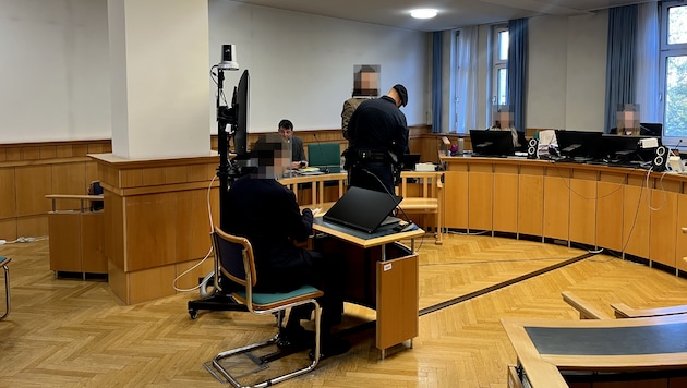 The two defendants in Vienna Regional Court - the younger one in the middle. (Bild: Sophie Pratschner, Krone KREATIV)