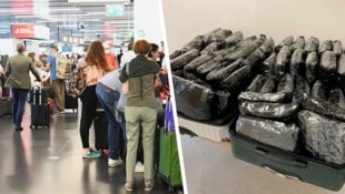 Am Flughafen Schwechat wurde das britische Pärchen, das zwei Koffer voller Cannabis im Gepäck hatte, verhaftet. (Bild: Krone KREATIV/Patrick Huber, zVg)