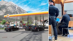 An dieser Tankstelle in Telfs in Tirol raste ein 32-jähriger Pkw-Lenker auf zwei Personen zu. Eine Mitarbeiterin wurde brutal erfasst. (Bild: Birbaumer Christof/Samuel Thurner, Krone KREATIV)