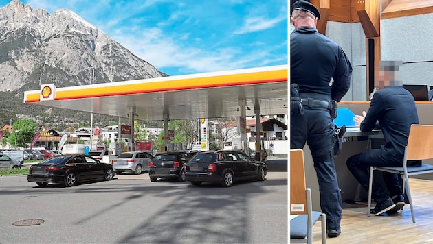 An dieser Tankstelle in Telfs in Tirol raste ein 32-jähriger Pkw-Lenker auf zwei Personen zu. Eine Mitarbeiterin wurde brutal erfasst. (Bild: Birbaumer Christof/Samuel Thurner, Krone KREATIV)