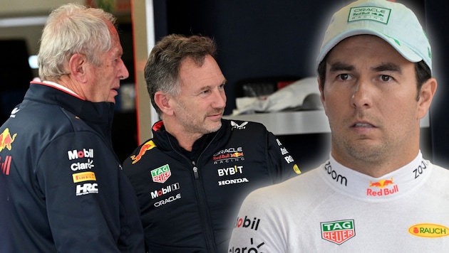 The patience of Red Bull bosses Helmut Marko (left) and team boss Christian Horner (center) with Sergio Pérez (right) may be at an end. (Bild: APA/AFP/Paul Crock, APA/Alfredo ESTRELLA)