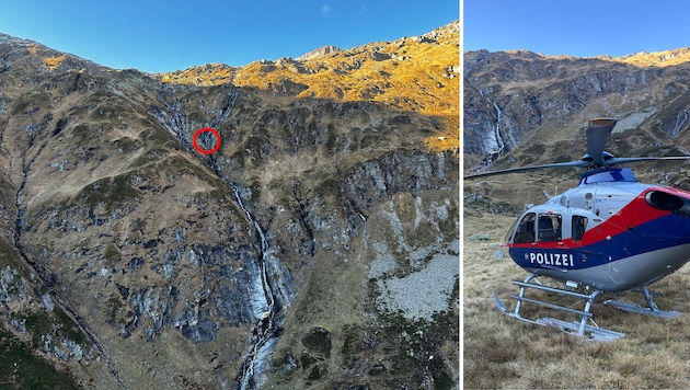 Im Bereich eines Wasserfalls (roter Kreis) wurde die Leiche entdeckt. Sie wurde mit dem Polizeihubschrauber geborgen. (Bild: ZOOM Tirol)