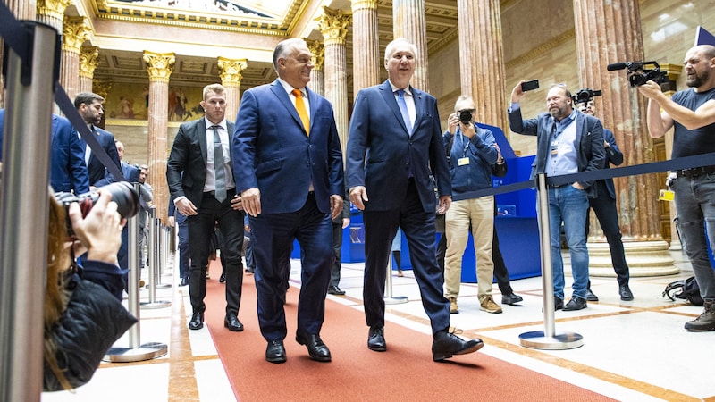 Der ungarische Regierungschef beim Empfang mit Walter Rosenkranz (rechts) (Bild: APA/Tobias Steinmaurer)