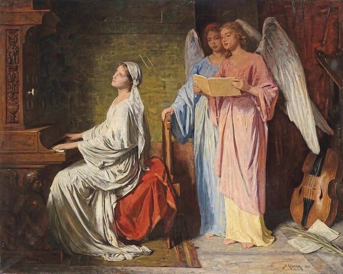 In many depictions, St. Cecilia is shown playing the organ.