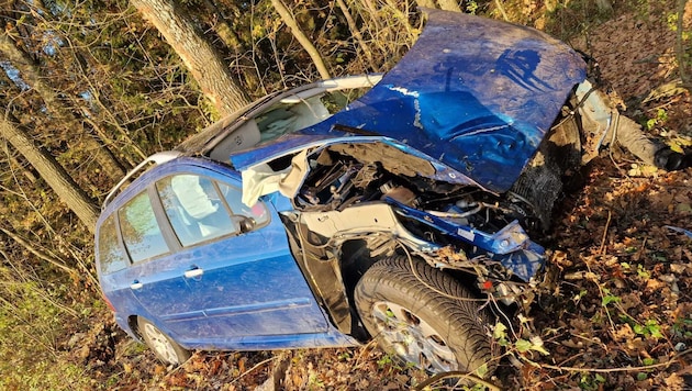 The car involved in the accident got stuck in a tree. (Bild: FF Neutal)