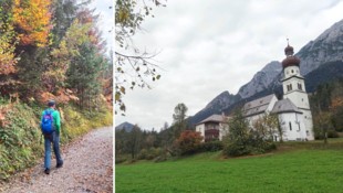 Im idyllischen Herbstwald wandern wir zum Kloster St. Martin mit der Kirche. Das steht pittoresk ...