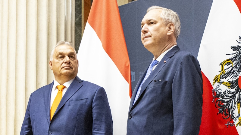 Orbán (links) mit Nationalratspräsident Walter Rosenkranz (Bild: APA/Tobias Steinmaurer)