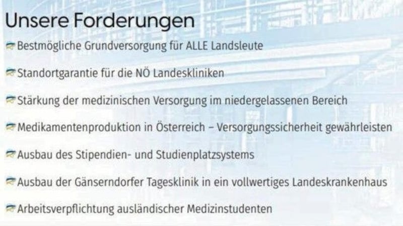 Vor der vergangenen Landtagswahl hat auch die FPÖ Forderungen zum Erhalt von Krankenhäusern präsentiert.  (Bild: zVg/Quelle: FPÖ)