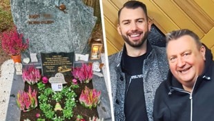 Ein Bild aus glücklichen Tagen: Julian mit seinem Vater Josef (rechts). Die Familie hat das Grab des 54-Jährigen liebevoll hergerichtet. (Bild: zVg, Krone KREATIV)