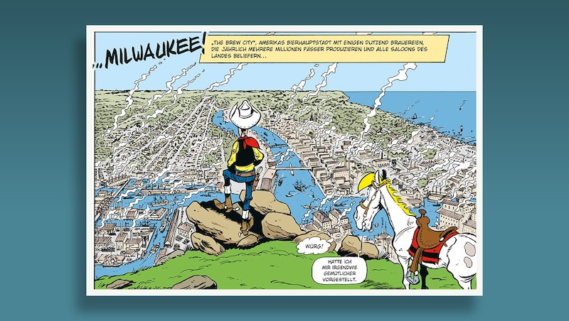 Der Lonesome Cowboy reist ins Herz der US-Brauereiszene, Milwaukee, und steht vor einem Kulturschock: Die Stadt spricht überwiegend Deutsch und atmet den industriellen Geist Europas. (Bild: Lucky Comics©2024/Story House Egmont)