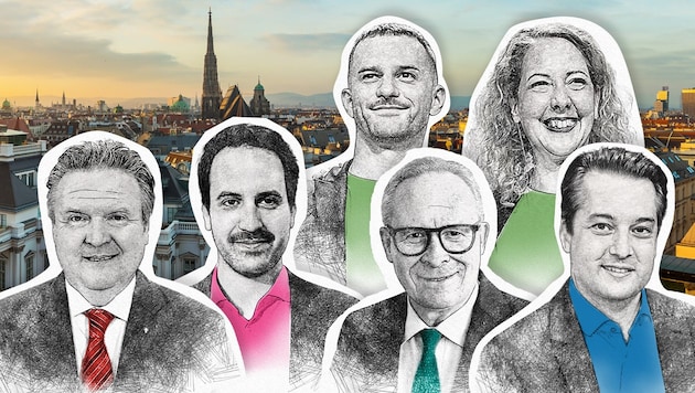 We interviewed Mayor Michael Ludwig (SPÖ), Deputy Mayor Christoph Wiederkehr (Neos), Karl Mahrer (ÖVP), Dominik Nepp (FPÖ), Peter Kraus and Judith Pühringer (Greens) as well as all city departments. (Bild: Krone KREATIV/Martin Jöchl, Peter Tomschi, Grüne Wien, stock.adobe)