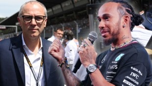 Lewis Hamilton legte sich scherzhaft mit F1-Boss Stefano Domenicali an. (Bild: Associated Press, APA/Getty Images via AFP/GETTY IMAGES/Amy E. Price)