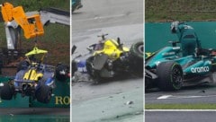 Der Williams von Alexander Albon (Mitte) wurde heftig zerlegt. Auch sein Teamkollege Franco Colapinto (links) und Fernando Alonso im Aston Martin (rechts) kamen nicht heil durchs Qualifying.  (Bild: APA/AFP/Miguel Schincariol, Screenshot Servus TV)