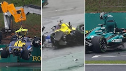 Der Williams von Alexander Albon (Mitte) wurde heftig zerlegt. Auch sein Teamkollege Franco Colapinto (links) und Fernando Alonso im Aston Martin (rechts) kamen nicht heil durchs Qualifying.  (Bild: APA/AFP/Miguel Schincariol, Screenshot Servus TV)