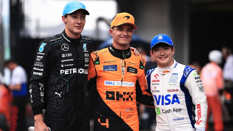 Die Top-3 im Brasilien-Qualifying: Russell, Norris und Tsunoda (v. l. n. r.). (Bild: Copyright 2024 The Associated Press. All rights reserved)