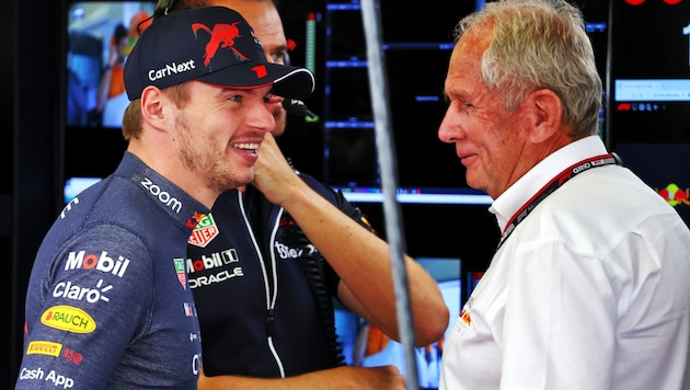 Weltmeister Max Verstappen mit Red-Bull-Motorsportberater Dr. Helmut Marko. (Bild: GEPA)