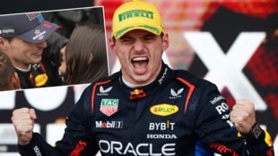 Max Verstappen raste von Rang 17 zum Sieg – als Belohnung gab’s ein Bussi von seiner Freundin Kelly Piquet.  (Bild: AFP/Miguel Schincariol, AP/Andre Penner)