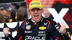 Max Verstappen raste von Rang 17 zum Sieg – als Belohnung gab’s ein Bussi von seiner Freundin Kelly Piquet.  (Bild: AFP/Miguel Schincariol, AP/Andre Penner)