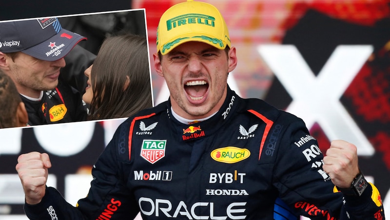 Max Verstappen raste von Rang 17 zum Sieg – als Belohnung gab’s ein Bussi von seiner Freundin Kelly Piquet. (Bild: AFP/Miguel Schincariol, AP/Andre Penner)