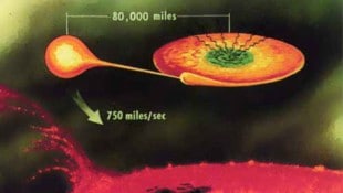 Künstlerische Illustration: Der Neutronenstern (rechts) ist Teil eines Doppelsystems mit dem Katalognamen 4U 1820-30. (Bild: NASA)