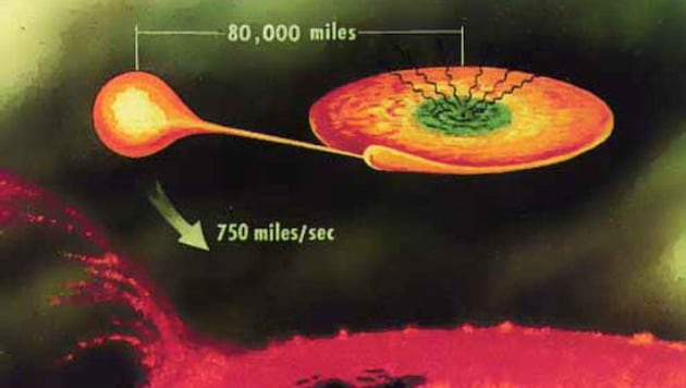 Künstlerische Illustration: Der Neutronenstern (rechts) ist Teil eines Doppelsystems mit dem Katalognamen 4U 1820-30. (Bild: NASA)