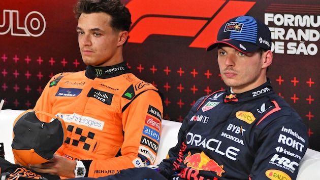 Lando Norris (li.) schimpft nach dem Sieg von Max Verstappen. (Bild: GEPA pictures)