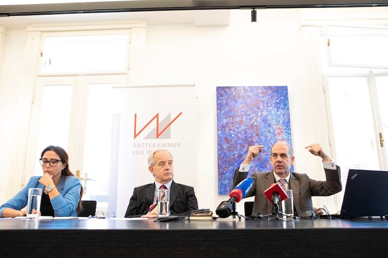 Ärztekammer-Vize Kamaleyan-Schmied, Präsident Steinhart und Meinungsforscher Hajek bei einer Pressekonferenz (Bild: Katharina F.-Roßboth)