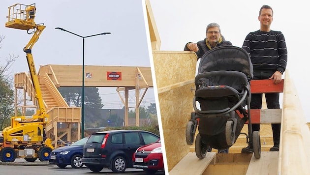 Although the construction site is not an easy project - with a baby carriage ramp at almost 45 degrees, not only ÖVP local councillors are stunned. (Bild: Krone KREATIV/zVg)