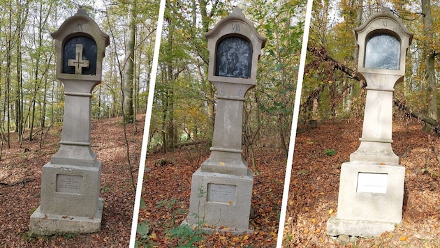 Stations seven to ten of the Way of the Cross were destroyed and an upturned cross was placed in the niche (left). (Bild: Krone KREATIV/zVg)