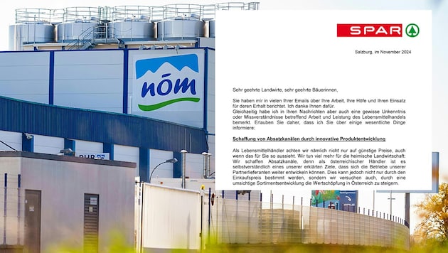 The food retailer is now defending itself in a letter (see excerpt above) to the farmers. (Bild: APA/EVA MANHART / APA / picturedesk.com, zVg)