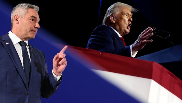 Karl Nehammer (l.) congratulated Donald Trump even before the Republican's final victory was announced. (Bild: 2024 Getty Images, AFP, APA, Krone KREATIV)