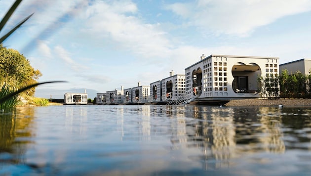 The natural bathing pond, where the ten villas are located, can also be used in the fall and winter - after the sauna or for ice bathing. (Bild: Thermenressort Laa/Pflanzl Media)